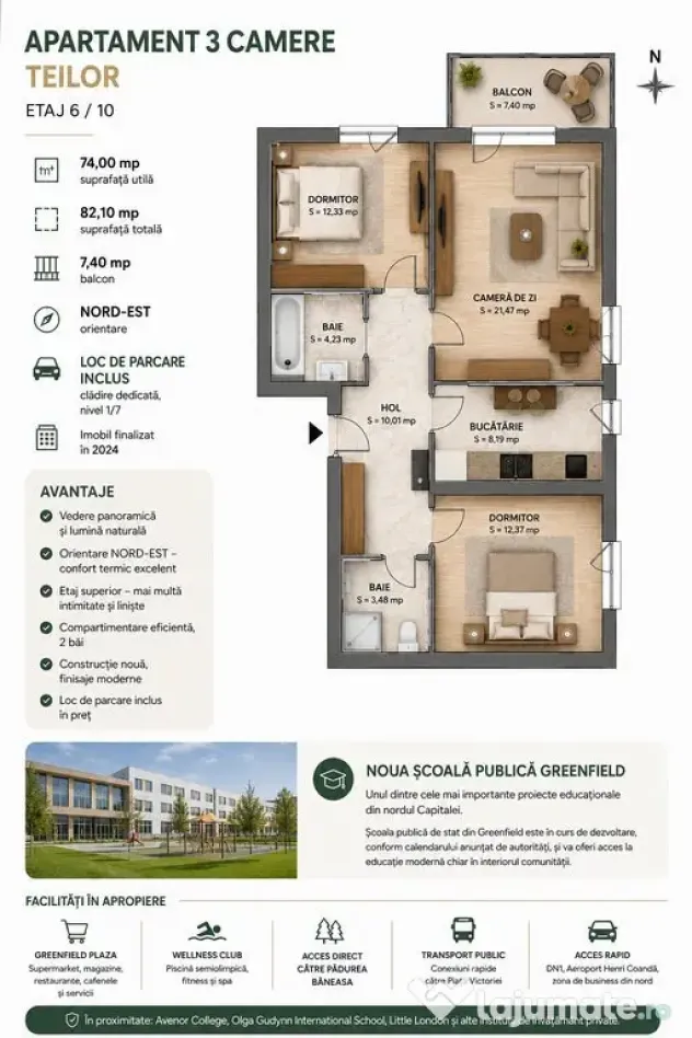 APARTAMENT 3 CAMERE GREENFIELD TEILOR - ETAJ 6/10 VEDERE PAN