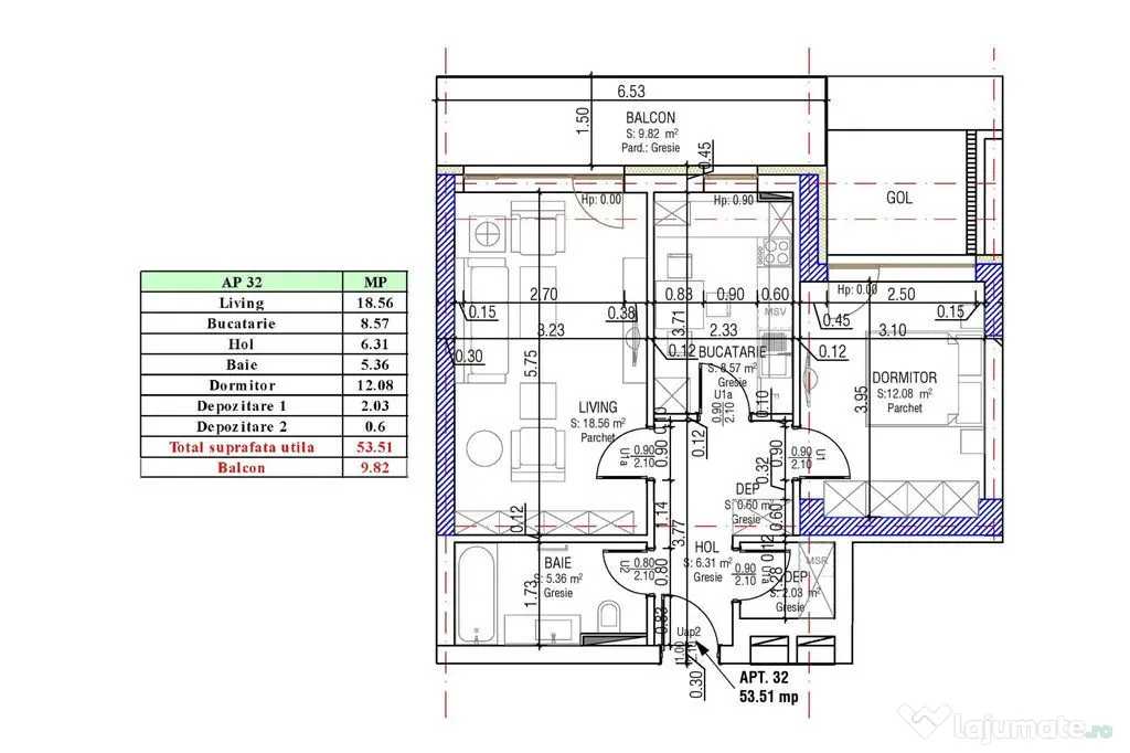 Apartament Decomandat | 53 mp utili + 10 mp balcon | Sala...