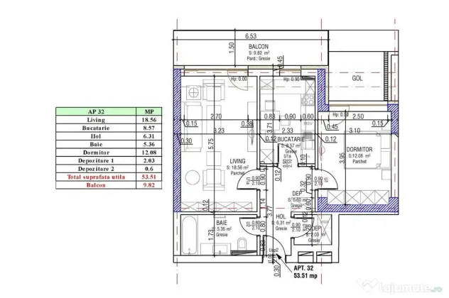 Apartament Decomandat | 53 mp utili + 10 mp balcon | Sala...