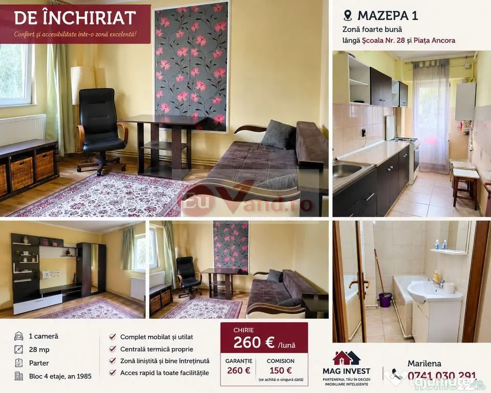 De inchiriat apartament cu o camera, parter, Mazepa 1, 280 euro - Galati (Galati)