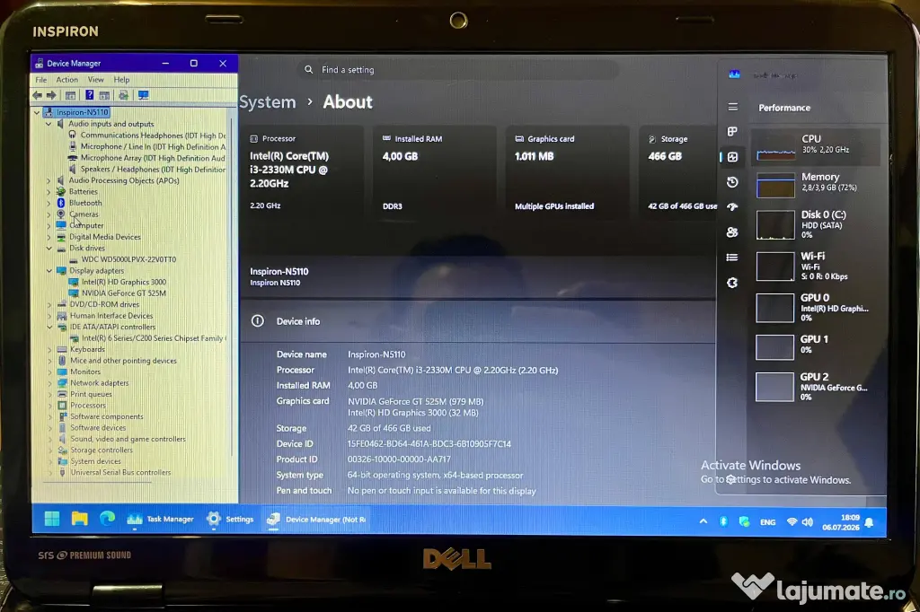 Laptop Dell Inspiron N5110 i3-2330M, nVidia GT 525M, 4GB RAM DDR 3, 500GB HDD