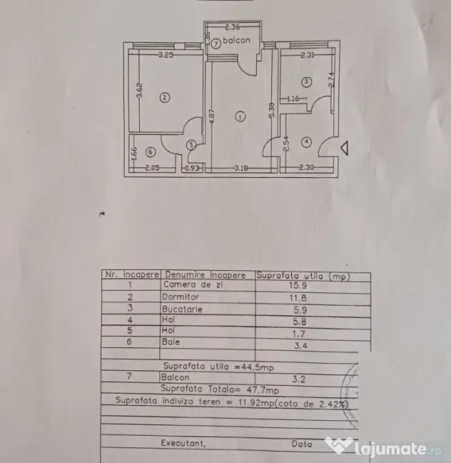 Apartament 2 camere zona Garii Marna, etaj 3, suprafata 47mp