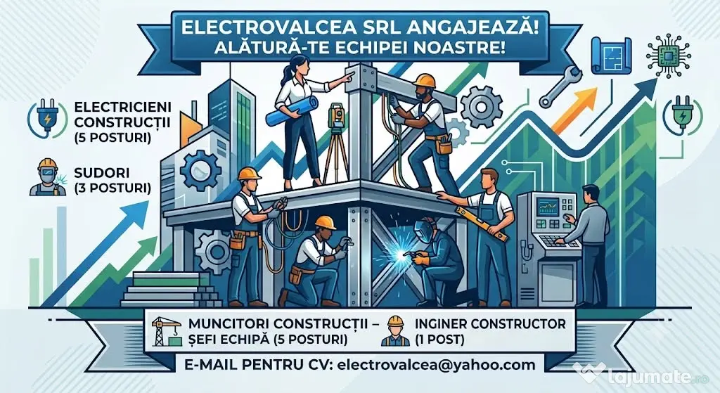 Electrovalcea SRL angajează:1 Inginer, 5 Electricieni, 3 Sudori și 5 Șefi Echipă