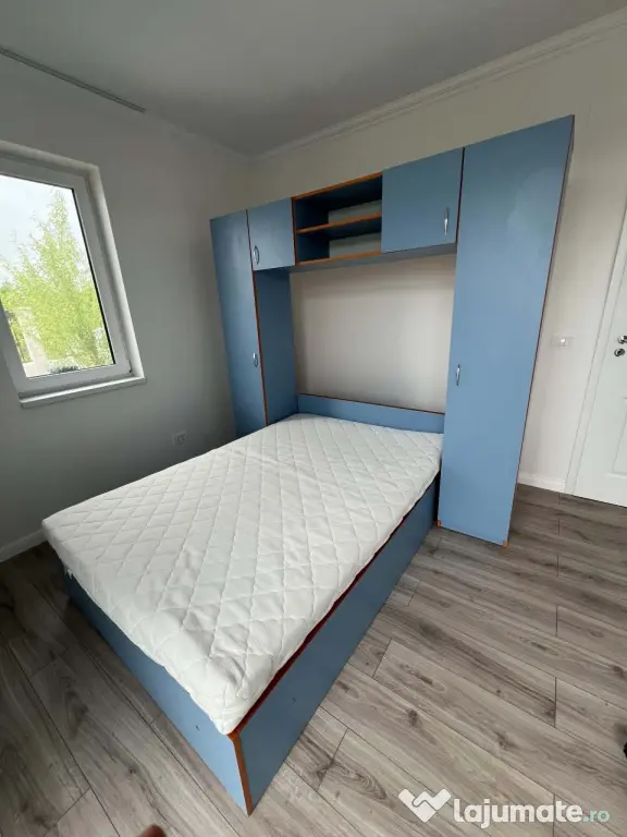 Set mobilier pentru copii: pat 140x200 cu somiera inclusa si dulap