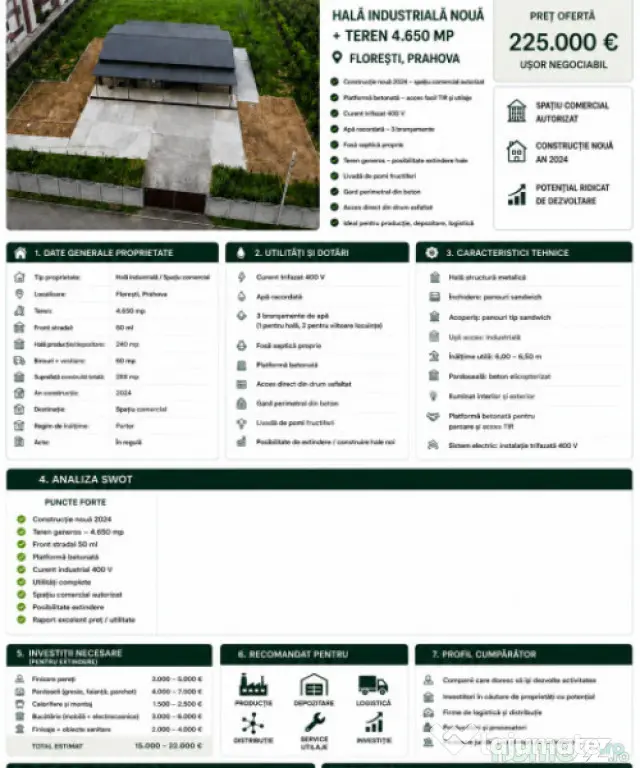 Hală de vanzare, 300 mp, teren intravilan 4.650 mp – zon - Floresti (Prahova)