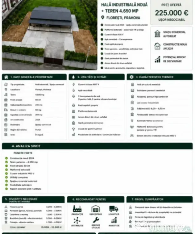Hală de vanzare, 300 mp, teren intravilan 4.650 mp – zon - Floresti (Prahova)