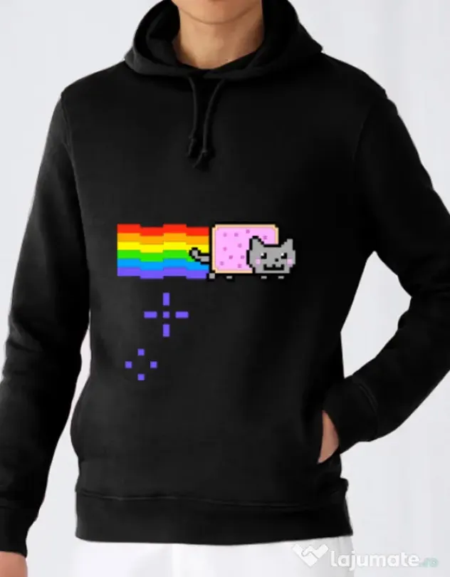 Hoodie barbat cu gluga Nyan cat Negru