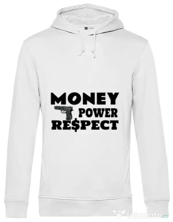 Hoodie barbat cu gluga Money, power,respect Alb