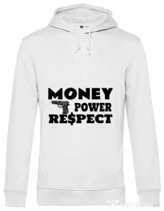 Hoodie barbat cu gluga Money, power,respect Alb
