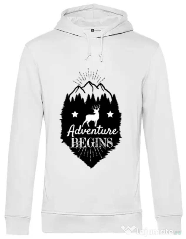 Hoodie barbat cu gluga Adventure Begins Alb