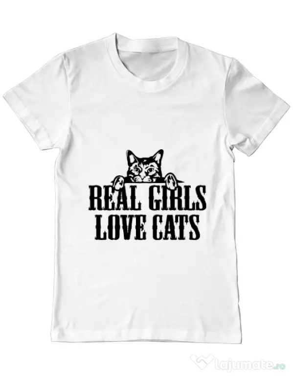 Tricou ADLER barbat Real girls love cats Alb