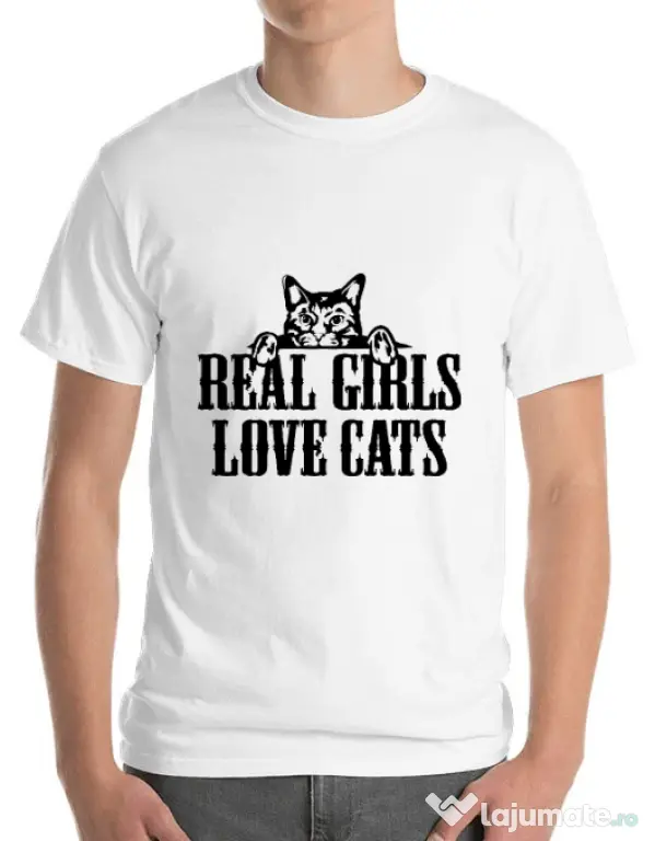 Tricou ADLER barbat Real girls love cats Alb