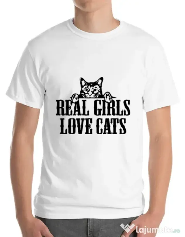 Tricou ADLER barbat Real girls love cats Alb