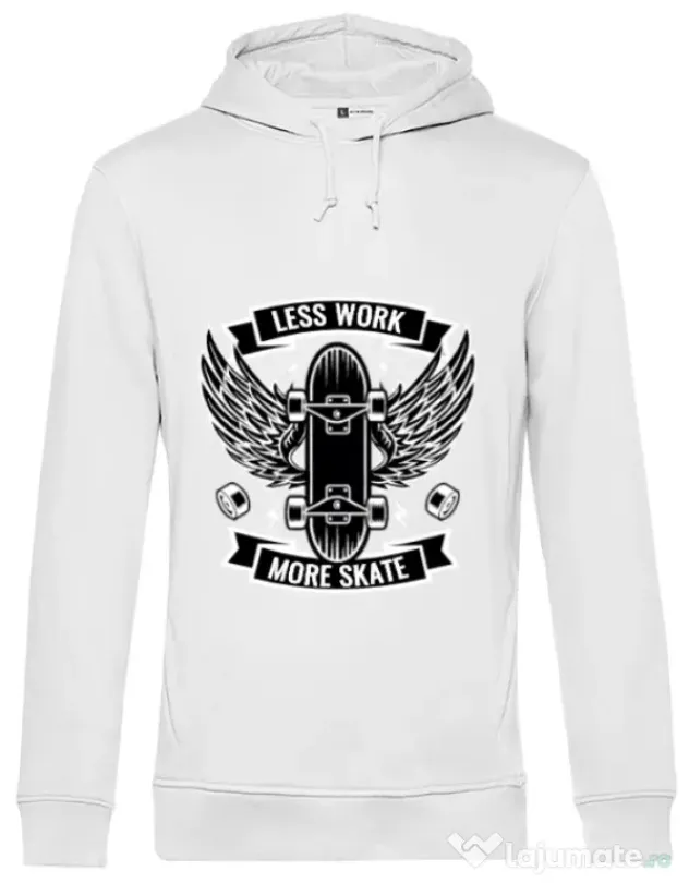 Hoodie barbat cu gluga Less work more skate Alb