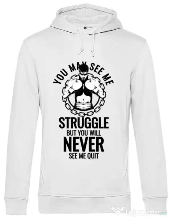Hoodie barbat cu gluga Never quit Alb
