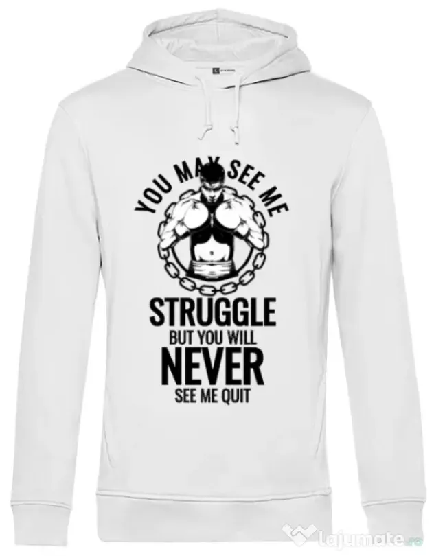 Hoodie barbat cu gluga Never quit Alb