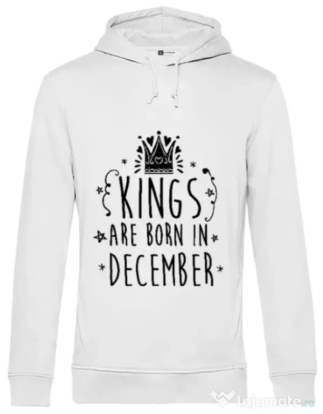 Hoodie barbat cu gluga Kings are born in December Alb
