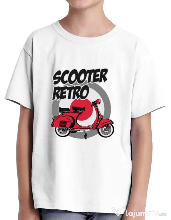 Tricou personalizat copil SCOOTER RETRO RED COLOR Alb