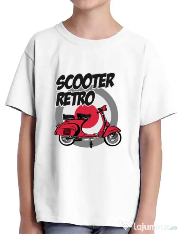 Tricou personalizat copil SCOOTER RETRO RED COLOR Alb