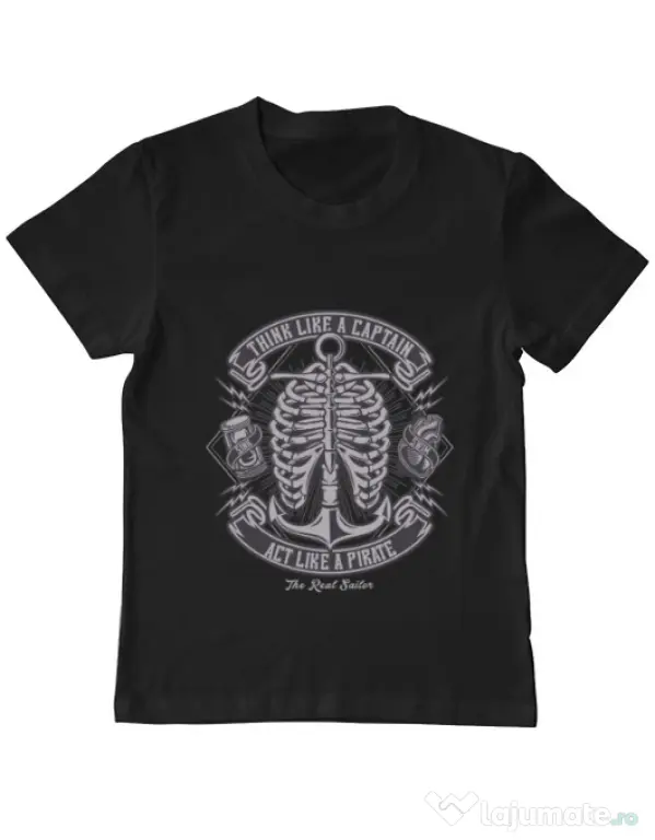 Tricou ADLER copil Think Like A Captain Act Like A Pirate Negru