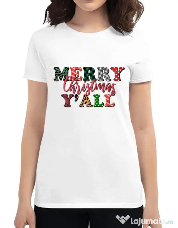Tricou personalizat dama Merry Christmas Y`all Alb