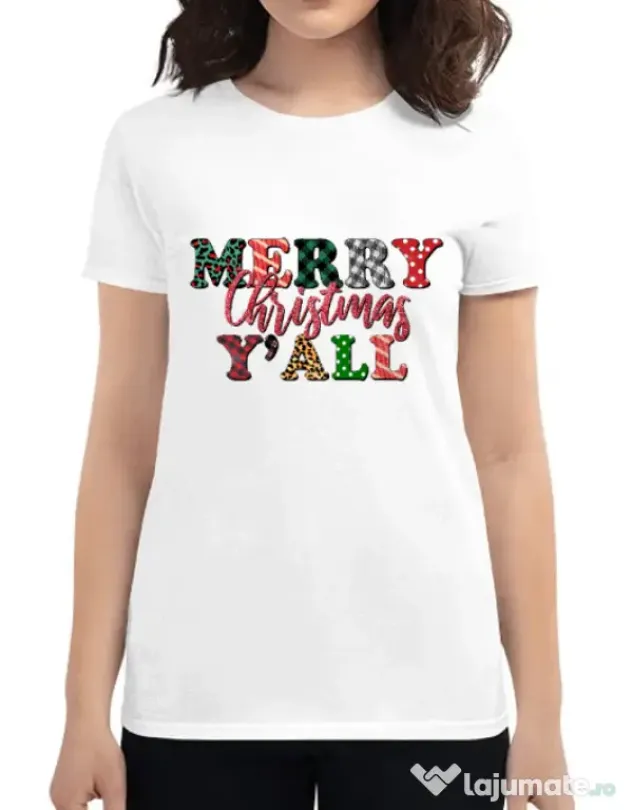 Tricou personalizat dama Merry Christmas Y`all Alb