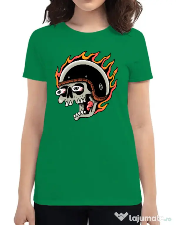 Tricou personalizat dama Skull Biker Verde mediu