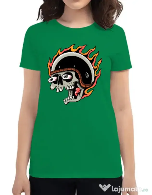 Tricou personalizat dama Skull Biker Verde mediu