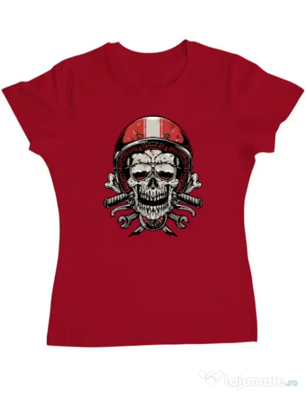 Tricou personalizat dama Skull Biker Rosu