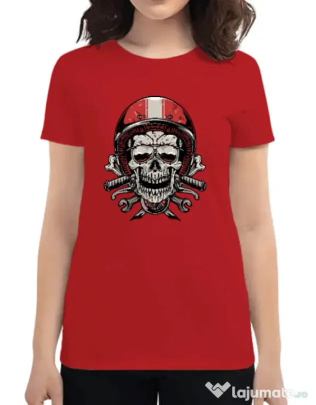 Tricou personalizat dama Skull Biker Rosu