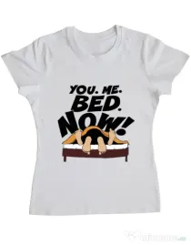Tricou ADLER dama You me bed now Alb