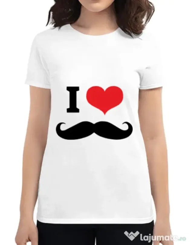Tricou ADLER dama I love moustaches Alb
