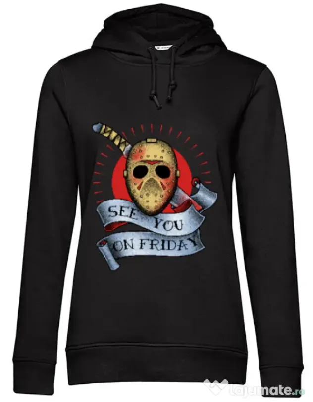 Hoodie dama cu gluga See you on friday Negru