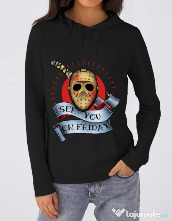 Hoodie dama cu gluga See you on friday Negru