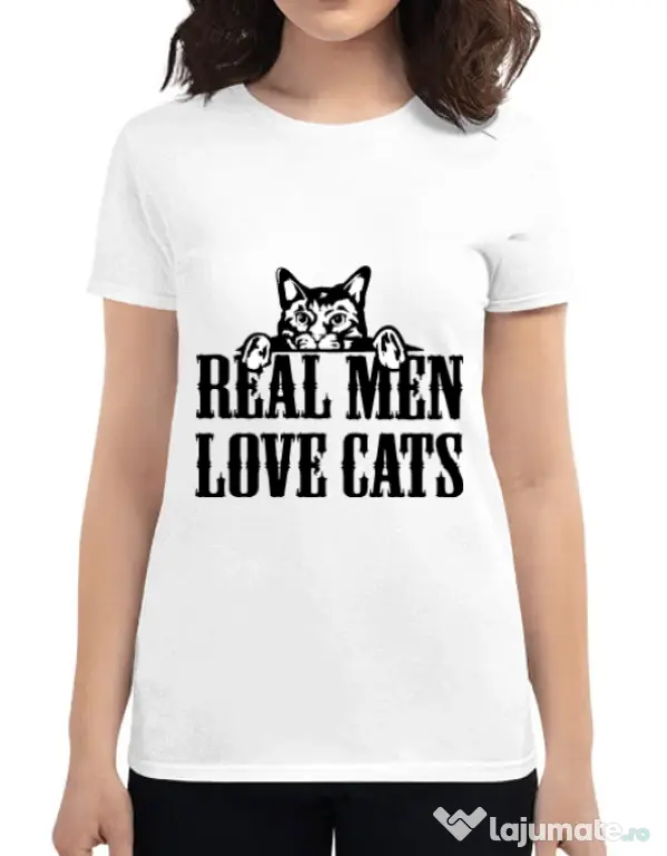 Tricou ADLER dama Real men love cats Alb