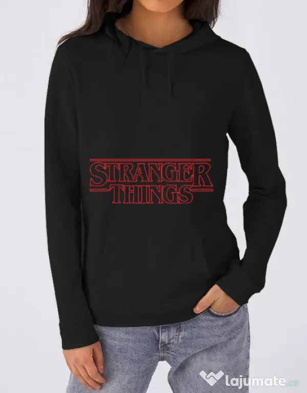 Hoodie dama cu gluga Stranger things outline Negru