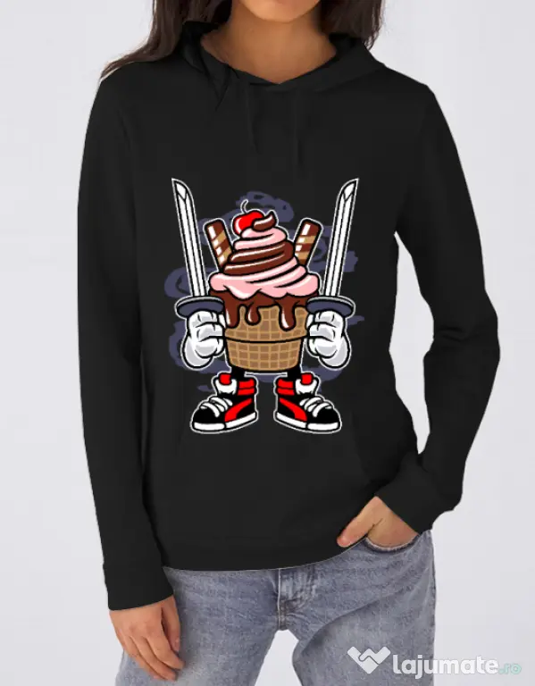 Hoodie dama cu gluga Ice Cream Ninja Negru