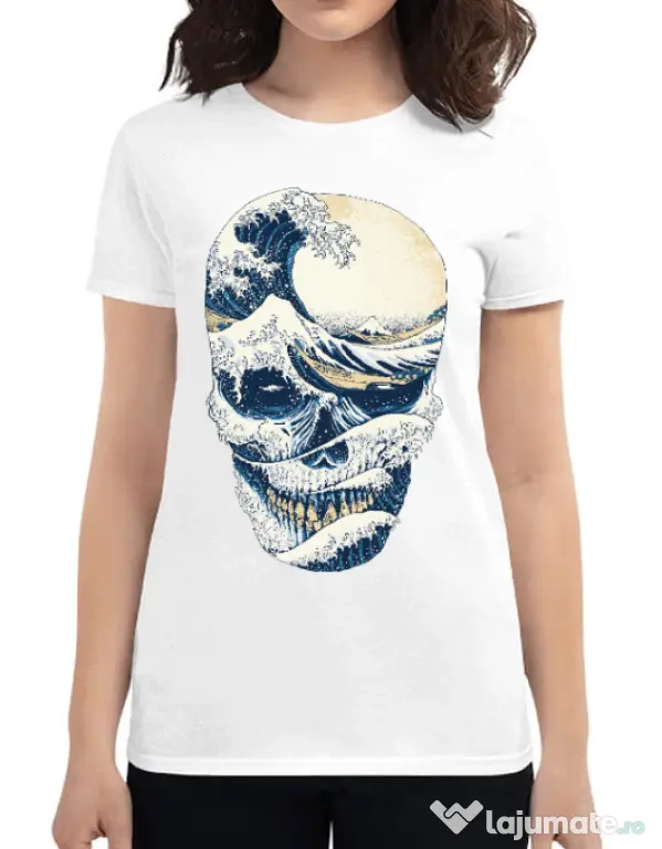 Tricou ADLER dama The Great Wave off Skull Alb