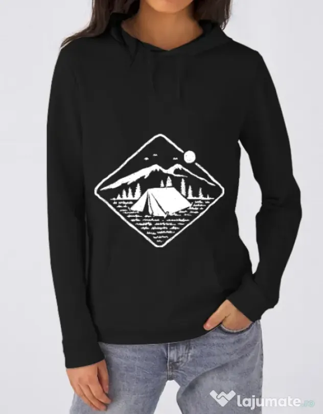 Hoodie dama cu gluga Camp Mode ON Negru