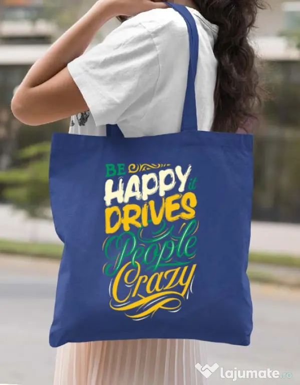 Sacosa din panza Be happy Albastru regal