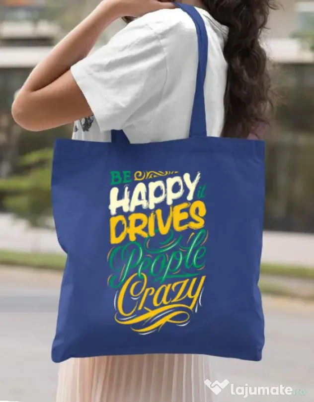 Sacosa din panza Be happy Albastru regal