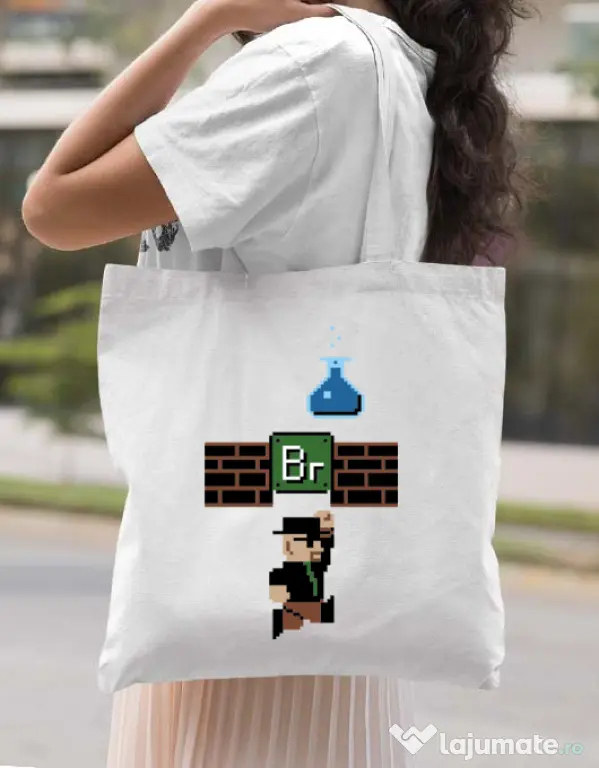 Sacosa din panza Breaking Mario Alb