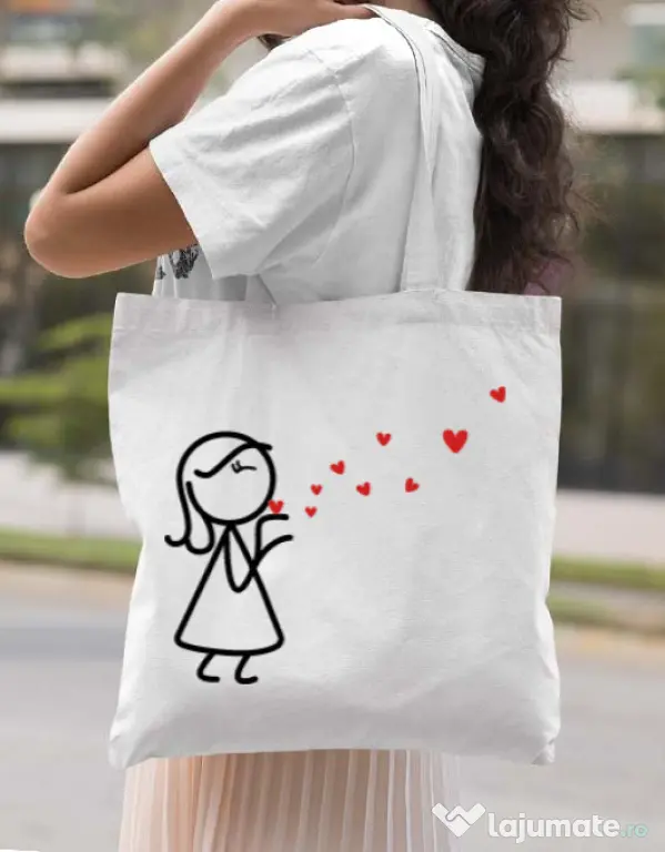 Sacosa din panza Catching love 2 Alb