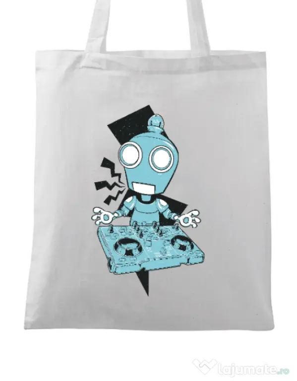 Sacosa din panza Dj robot Alb