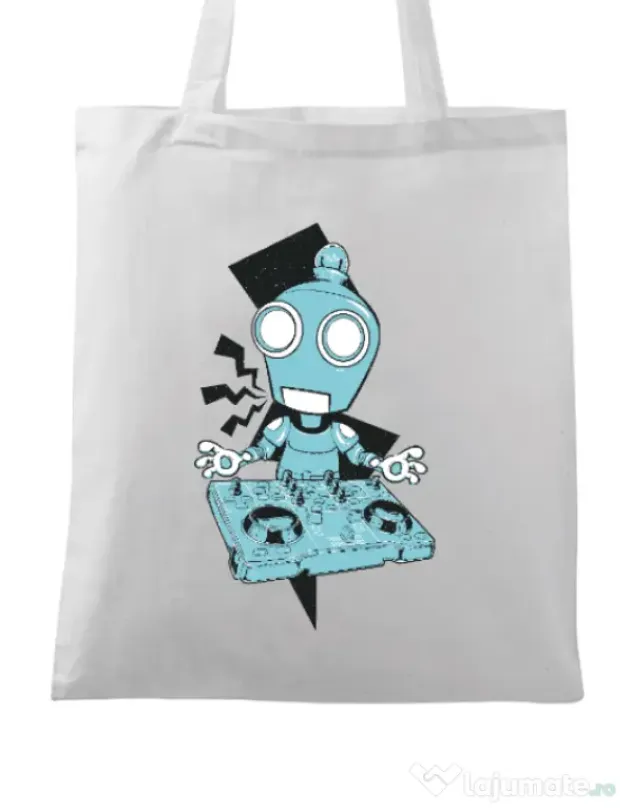 Sacosa din panza Dj robot Alb