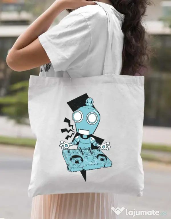 Sacosa din panza Dj robot Alb