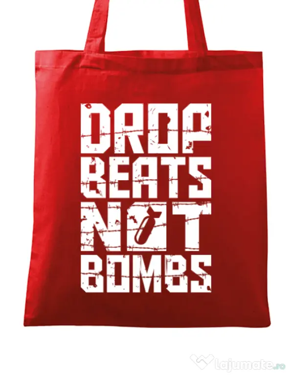 Sacosa din panza Drop beats, not bombs Rosu