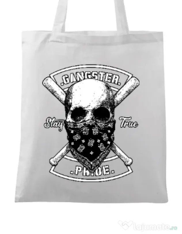 Sacosa din panza Gangster skull Alb