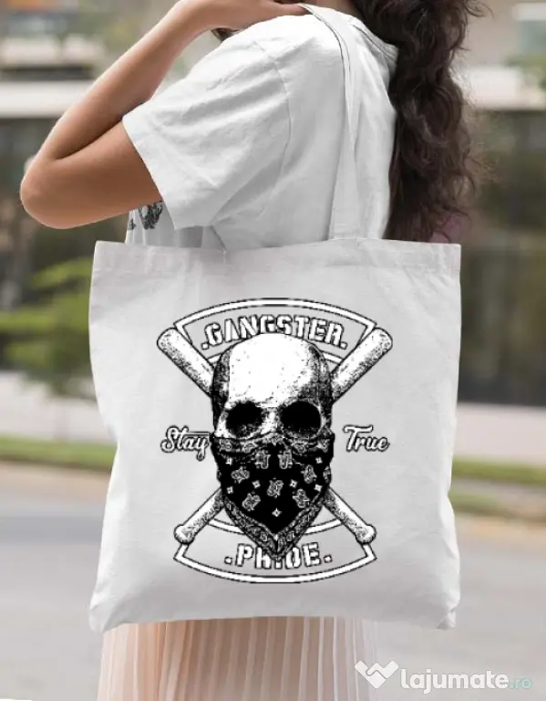 Sacosa din panza Gangster skull Alb