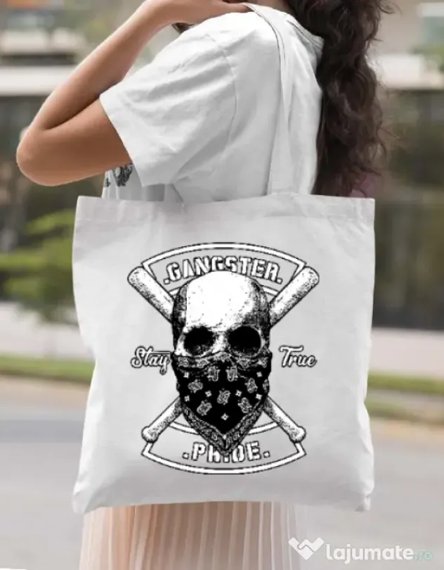 Sacosa din panza Gangster skull Alb